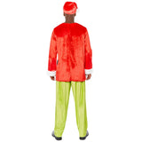 the grinch adult costume with green pants and santa top.