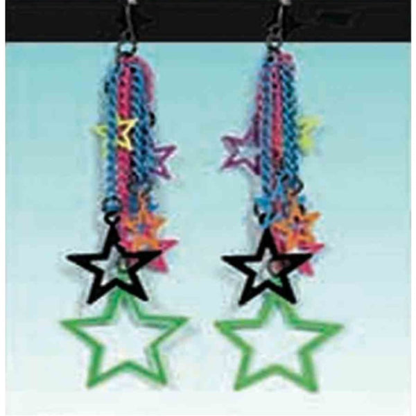 80s star earrings in multi col chains and stars.