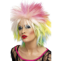 80's Attitude Wig, in pink, blonde, green and blue, short and spikey.