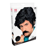 Box for the black 80's wig and moustache