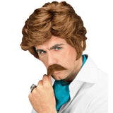 Light brown 80s blow-dry style wig with moustache for retro costume looks