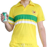 Close up of 80s cricketer shirt featuring cricket inspired print and stipes