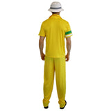 Back view of 80s cricketer adult costume showing rear fit and design