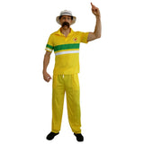 Front angle view of adult 80s cricketer costume with retro cricket styling