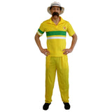 Adult 80s cricketer costume featuring retro cricket shirt, trousers and headband