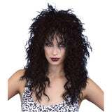 Black 80s crimped rockstar wig with shaggy layers.
