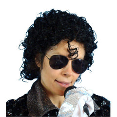 Short curly black 80s-style performer wig with front curl for retro costumes.
