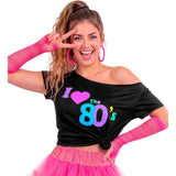 Women's 80s Fashion T-Shirt styled with neon accessories for an 80s costume look