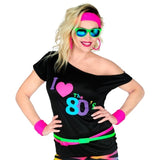 Women's black 80s Fashion T-Shirt with colourful I Love The 80s print