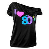 Close-up of colourful I Love The 80s print on women's black T-shirt