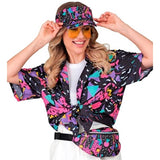 Close up of woman wearing 80s print visor and bum bag