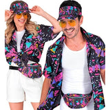 Couple wearing black 80s visor and bum bag costume accessory