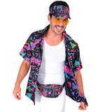 Man wearing retro 1980s black visor and belt bag for themed parties