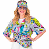 Lady wearing 80s funky fashion shirt with white back ground and bright retro print