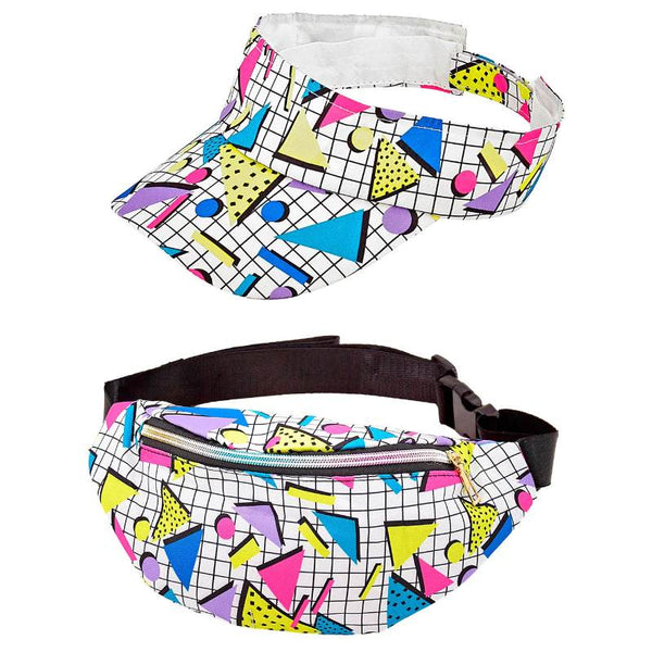80s Funky Fashion visor and bum bag set for retro festivals