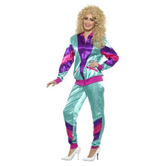 Ladies 80s shell suit in teal purple and pink