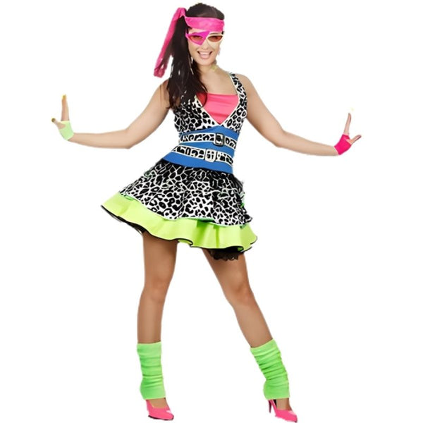 80s leopard print dress with neon blue pink and green accents