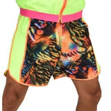 Close-up of matching shorts from adult 80s tracky costume