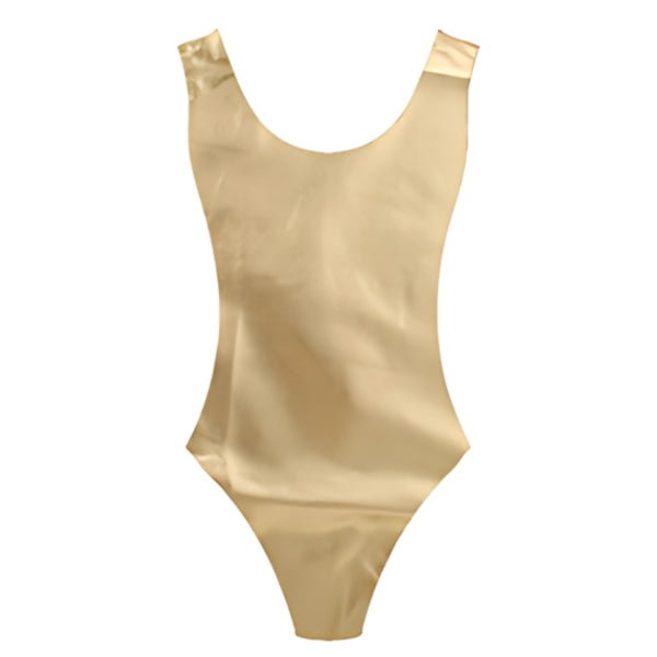 Adult 80s metallic gold sleeveless leotard costume in shiny fabric for aerobics or retro parties
