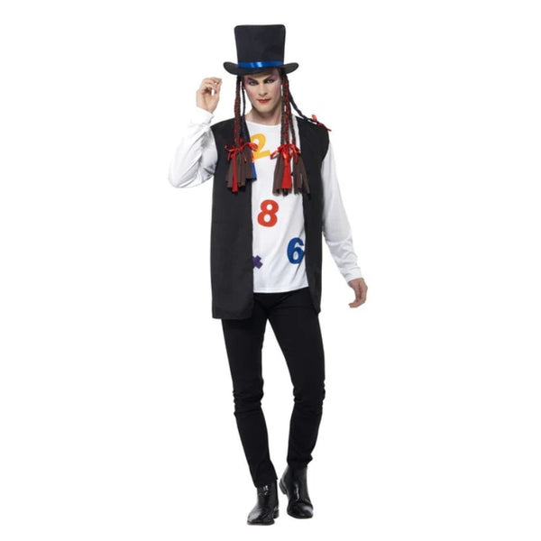 80s pop star costume with hat, waistcoat and braids
