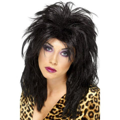 Black 80s pop star wig mullet style