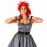 Close-up of 80s Pop Starlet Costume showing red wig, leopard print dress and costume accessories