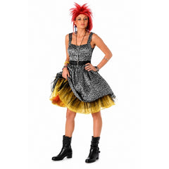 80s Pop Starlet Costume with leopard print dress, red wig and layered yellow underskirt