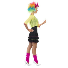 80's Pop Tart Costume, black dress with frills, yellow mesh top, pink headband.