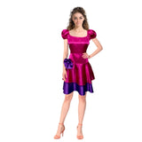 80s Prom Dress Costume, pink and purple satin with puffy sleeves and layered skirt with large flower at hip.