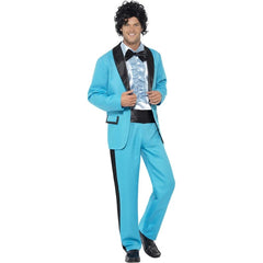 80s prom king blue suit costume with frilled shirt