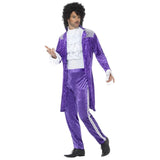 80s purple musican costume for men, long velvet jacket with silver sequin insert at the shoulders and frilly white cuffs, matching pants with sequin stripe down the side.
