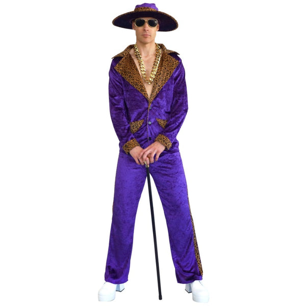80s Purple Pimp Suit from Dr Toms featuring velveteen jacket, trousers, and leopard trim hat