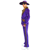 Person wearing a purple outfit with gold accents on a white background