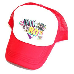 Front view of 80s red baseball cap with “Back to the 80’s” print – adult retro costume accessory.