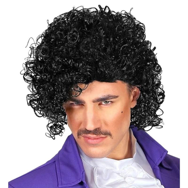 black 80s rock star curly wig costume