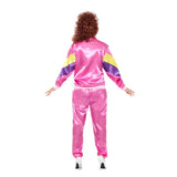 Back view of women’s retro shell suit showing jacket hem and full trouser length in satin pink fabric.