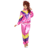 Front view of women’s 80s pink tracksuit costume