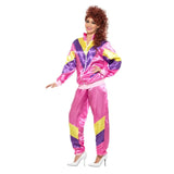 Side profile of 1980s pink shell suit highlighting jacket cut and relaxed fit pants.