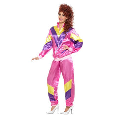 Women’s pink 80s shell suit costume with jacket and trousers
