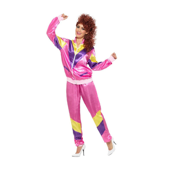 Women’s pink 80s shell suit costume with jacket and trousers