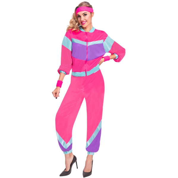 80's Shell Suit Costume - Pink jacket and pants with purple and light blue accents.
