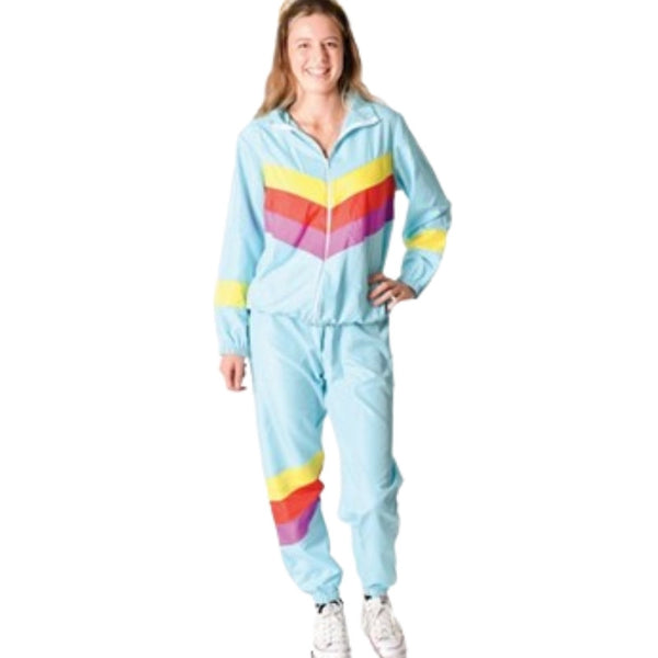 Womens 80s shell suit costume with light blue jacket and matching pants featuring colourful diagonal stripes