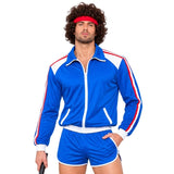 Close up of 80s sportsman costume including jacket and short shorts