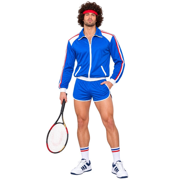 Men's 80s Sportsman Costume with blue sports jacket and matching shorts front view