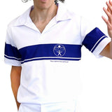 Close-up of 80s tennis player costume shirt showing contrast trim detail