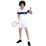 
Adult 80s tennis player costume featuring white shirt, shorts and headband