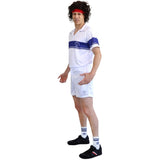 Side view of adult 80s tennis player costume showing fit and silhouette