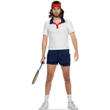 80s Tennis Player Costume featuring striped short sleeve shirt and navy shorts – adult size.