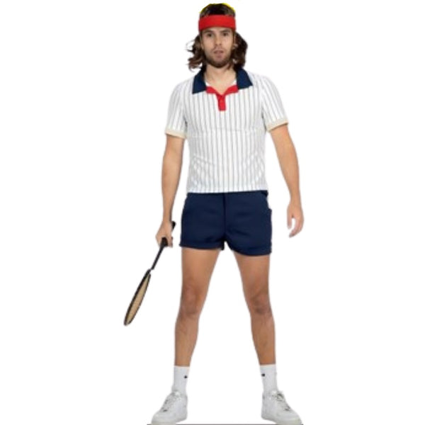 80s Tennis Player Costume featuring striped short sleeve shirt and navy shorts – adult size.