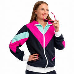 Women's colourful 80s track suit costume with retro shell suit styling